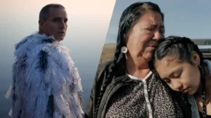 Split-screen image. On the left, a man stands outdoors against a pale sky, wearing a textured white garment made of layered strips of fabric and looking toward the camera. On the right, an older woman with long braided hair sits outdoors while a younger woman rests their head on the older person's shoulder. The image uses natural lighting and contrasts an individual portrait with a close, intimate two-person scene.