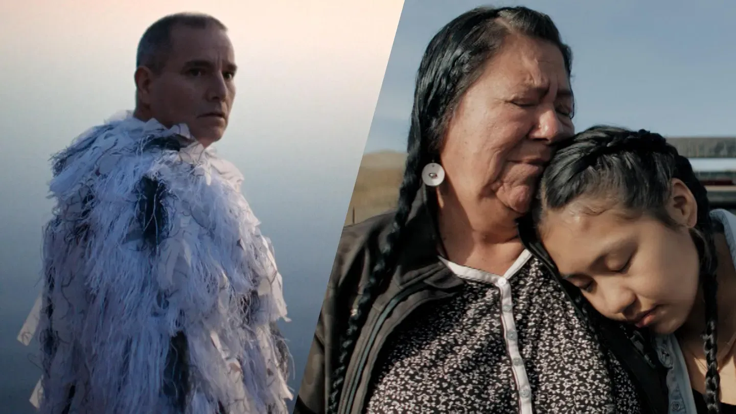 Split-screen image. On the left, a man stands outdoors against a pale sky, wearing a textured white garment made of layered strips of fabric and looking toward the camera. On the right, an older woman with long braided hair sits outdoors while a younger woman rests their head on the older person's shoulder. The image uses natural lighting and contrasts an individual portrait with a close, intimate two-person scene.