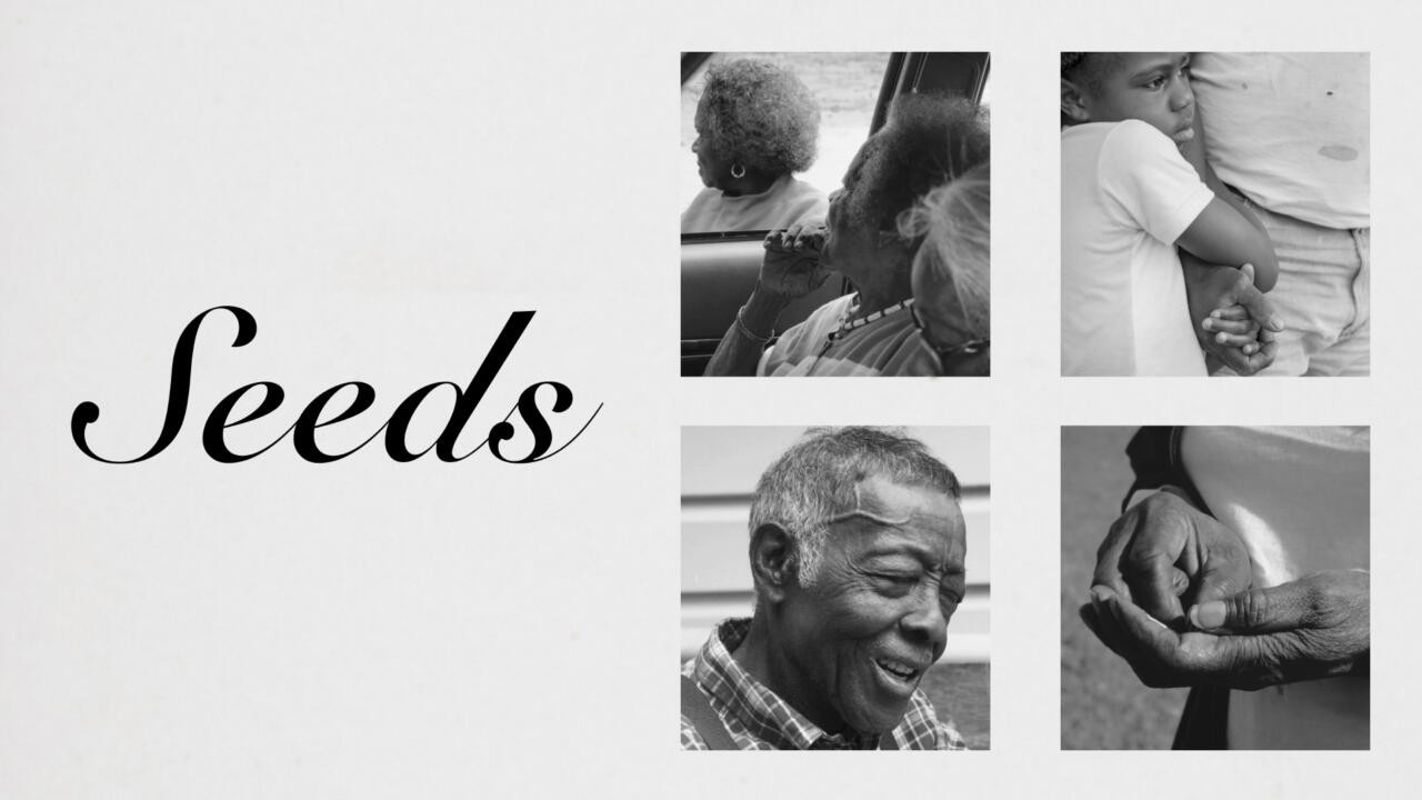 Title card for Seeds featuring the word “Seeds” in large black script on a light background. To the right are four black-and-white photographs arranged in a grid: two people looking out a car window, a child holding onto an adult, a close-up portrait of an older adult, and a close-up of two hands gently touching. The images emphasize family, community, connection, and generations.