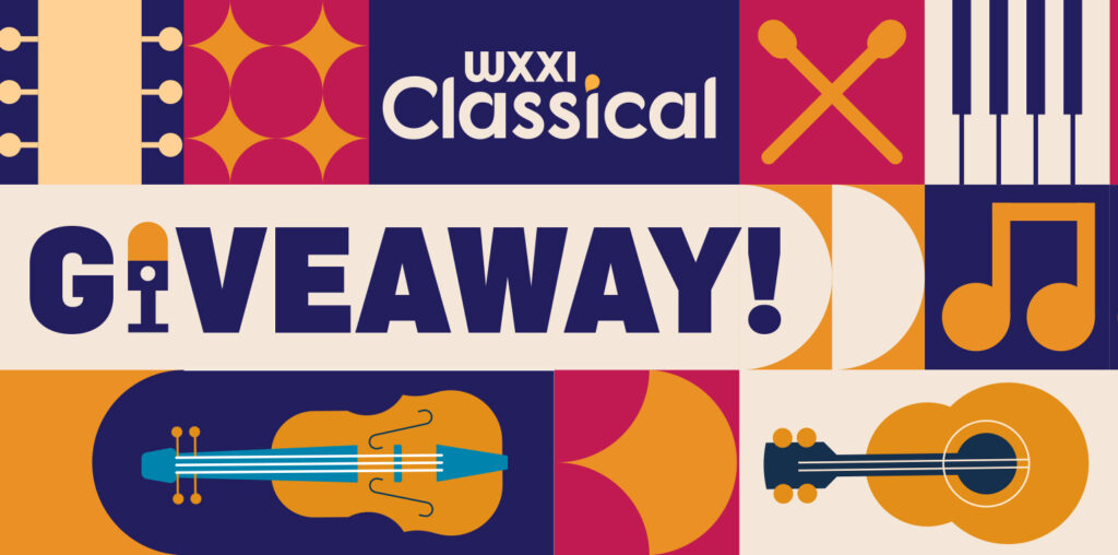 Colorful graphic promoting WXXI Classical Giveaway! The design features bold geometric blocks in navy, orange, magenta, and cream with music-themed illustrations, including piano keys, drumsticks, musical notes, and string instruments. The text “WXXI Classical Giveaway!” appears prominently in the center.